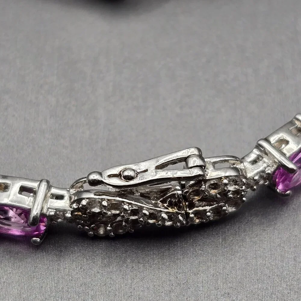 Sterling Silver Pink Sapphire & Quartz Infinity Tennis Bracelet 7.5" Signed SUN - Picture 9 of 14